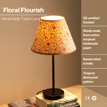 Load image into Gallery viewer, Nordic Night Table Lamp - Floral Flourish Print Desk Lamp - Bedside Lamp Made from Cotton Recycled Paper, Indian Block Printing Technique
