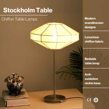 Load image into Gallery viewer, LUXE COLLECTION - STOCKHOLM TABLE LAMP - PREMIUM CHIFFON FABRIC DESK, METALLIC SPACER, SOFT WARM GLOW, MOOD ENHANCEMENT LIGHTING
