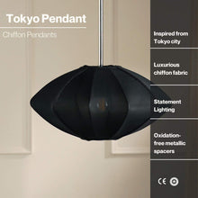 Load image into Gallery viewer, Luxe Collection Pendant Lamp - Tokyo Lamp - Premium Chiffon Fabric Pedant Light, Metallic Spacer, Soft Warm Glow, Mood Enhancement Hanging Light
