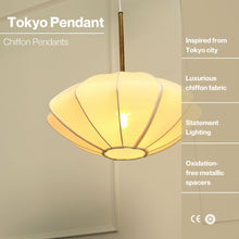 Load image into Gallery viewer, Luxe Collection Pendant Lamp - Tokyo Lamp - Premium Chiffon Fabric Pedant Light, Metallic Spacer, Soft Warm Glow, Mood Enhancement Hanging Light
