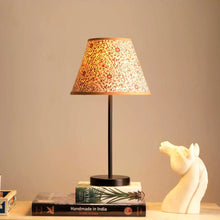 Load image into Gallery viewer, Nordic Night Table Lamp - Floral Flourish Print Desk Lamp - Bedside Lamp Made from Cotton Recycled Paper, Indian Block Printing Technique
